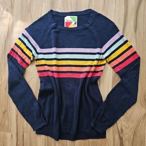 Fervour 100% cotton navy blue sweater with multi colored stripes Size S